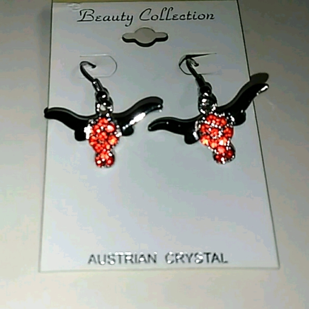 Texas longhorn Crystal earrings silver tone metal